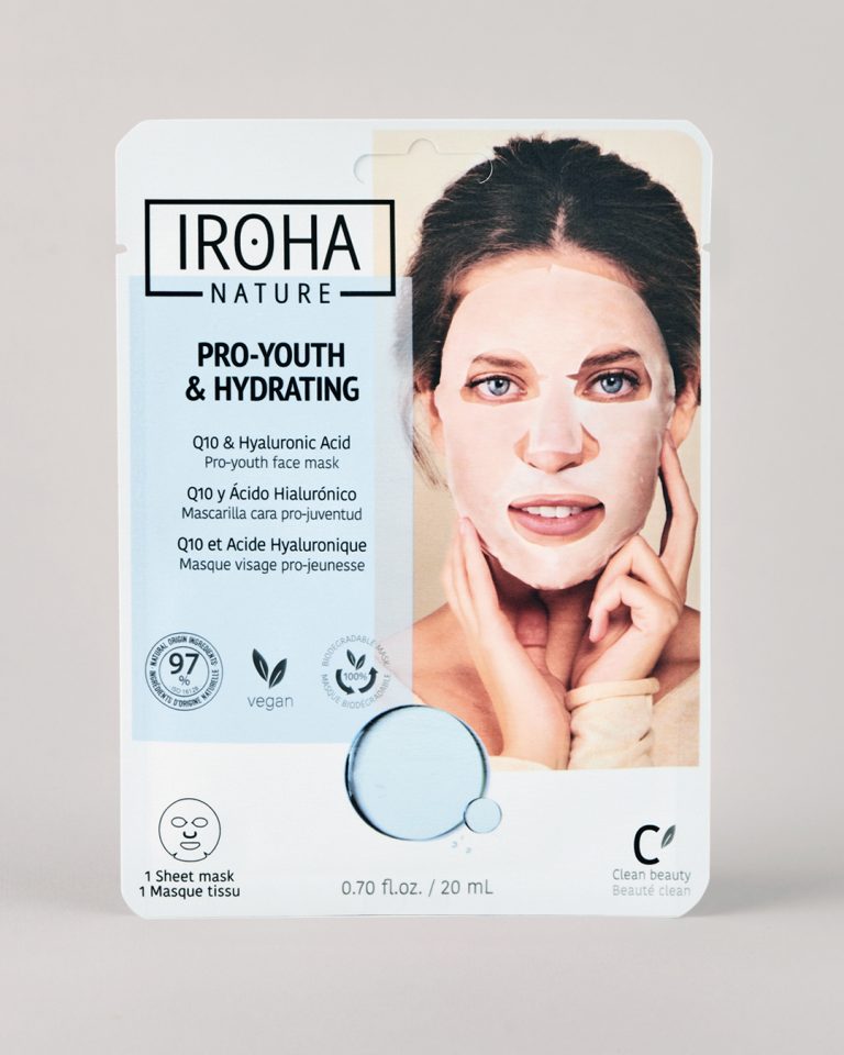 Pro-youth & Hydrating sheet mask with Q10 - 100% biodegradable Helps skin look younger and fine lines less visible Helps wrinkles look less visible, hydrates the skin while visibly smoothes out imperfections and provides luminosity. Clean formula with 97% natural ingredients. 100% biodegradable tissue. Paraben free. No allergens. Suitable for: All skin types, especially mature skin.